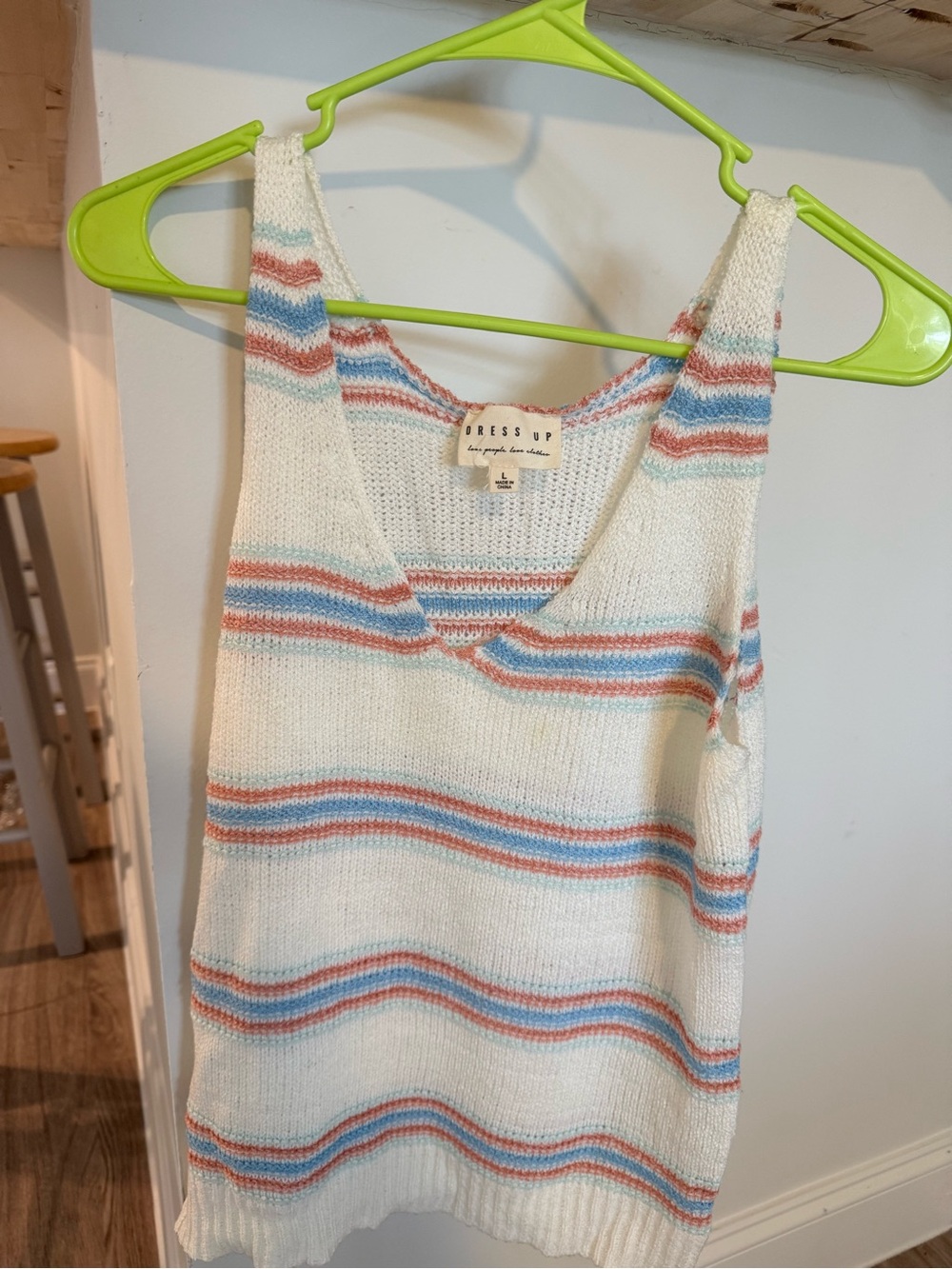 Dress Up Women’s White Knit Tank Top with Blue & Coral Stripes